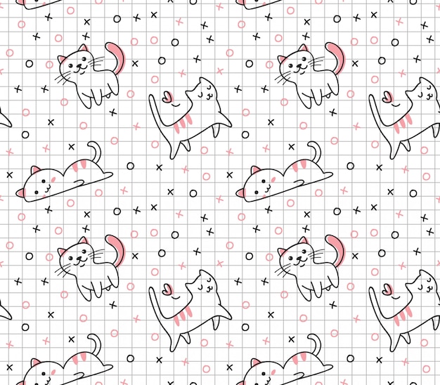 Padrão sem emenda de gato fofo no estilo de doodle kawaii Vetor Premium