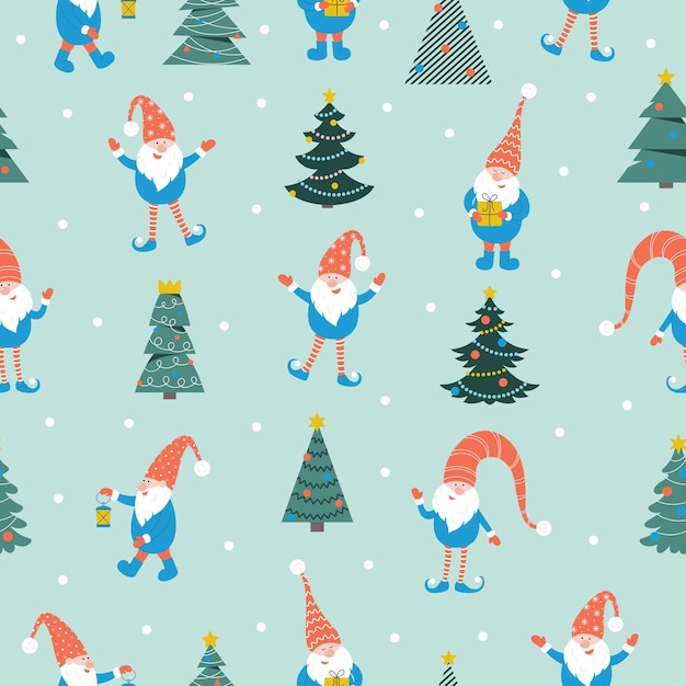 Padrão sem emenda de gnomos de natal fofos em fundo verde ilustração