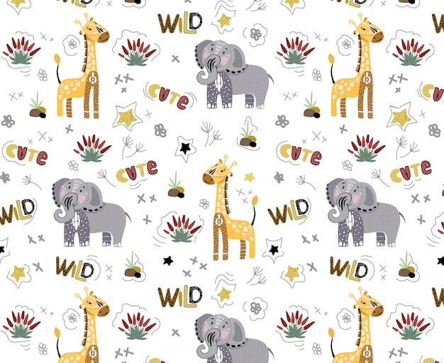 Padrão sem emenda de vetor com animais fofos africanos em branco Vetor Premium