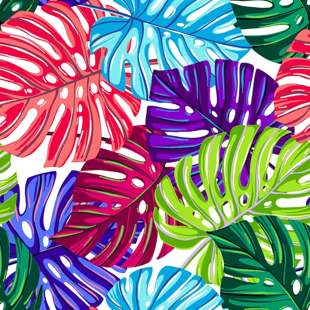 Padrão sem emenda de vetor com folhas tropicais. monstera deixa a textura de cores de fantasia. Vetor Premium