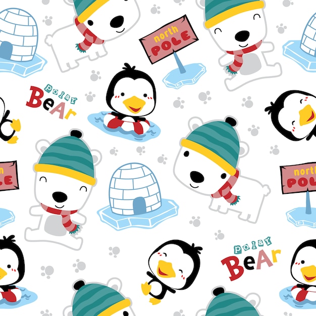 Padrão sem emenda do urso polar dos desenhos animados com pinguim Vetor Premium