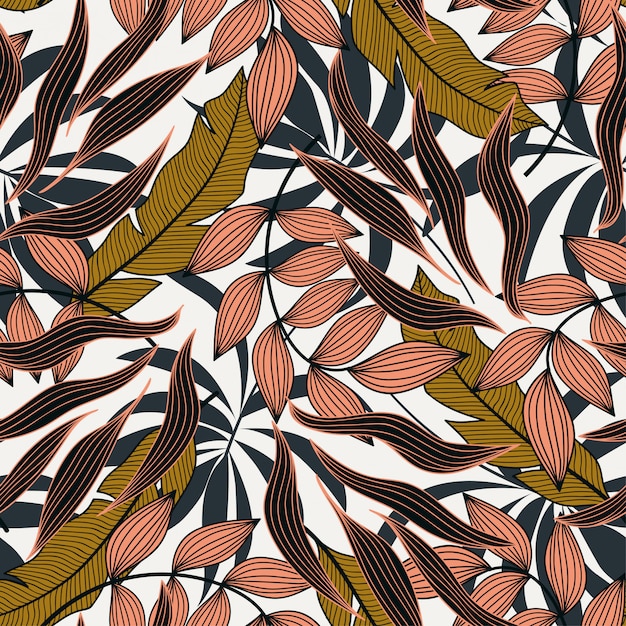 Padrão sem emenda em estilo tropical com plantas coloridas e folhas. design moderno Vetor Premium