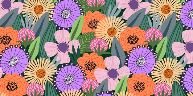 Padrão sem emenda horizontal com doodle bonito flores e folhas em fundo escuro Vetor Premium
