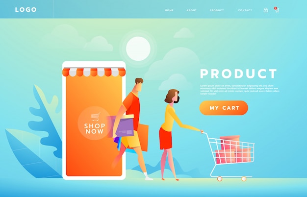 Pagamento on-line usando o conceito de aplicativo com casal compras no smartphone Vetor Premium