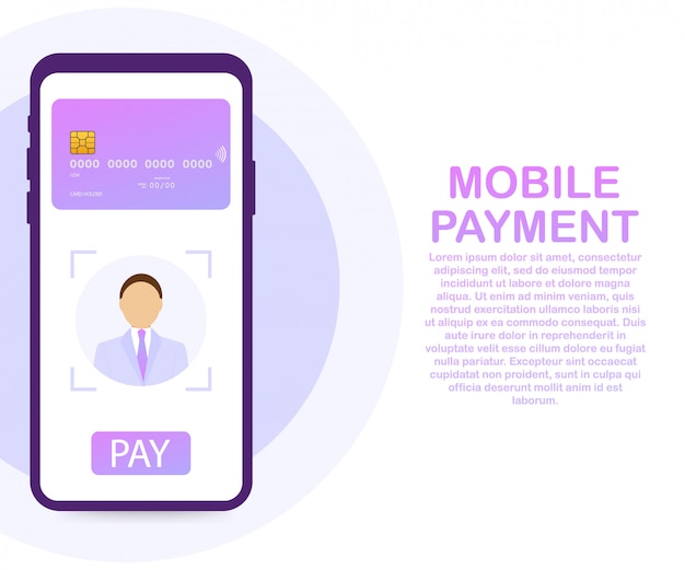 Pagamento seguro com reconhecimento facial e identificação no smartphone. smartphone desbloqueado com reconhecimento facial. Vetor Premium