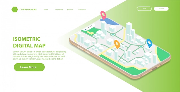 Página inicial ou modelo da web com ilustração isométrica do mapa digital móvel Vetor Premium