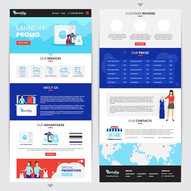 Página web vertical de serviço de lavanderia com preços e contatos de símbolos Vetor grátis