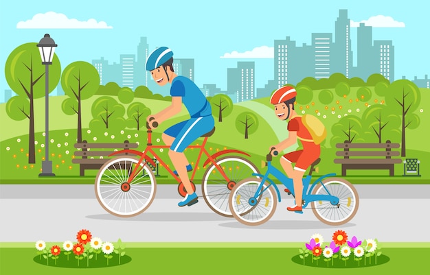 Pai dos desenhos animados com filho andando de bicicleta no parque Vetor Premium