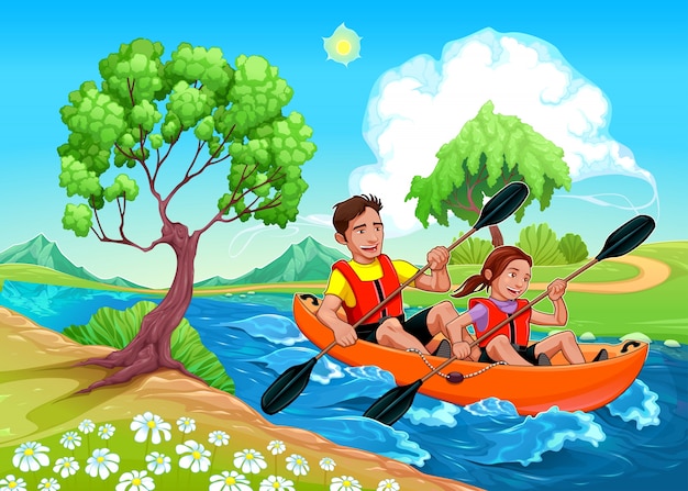 Pai e filha no caiaque no rio vector ilustração dos desenhos animados Vetor grátis