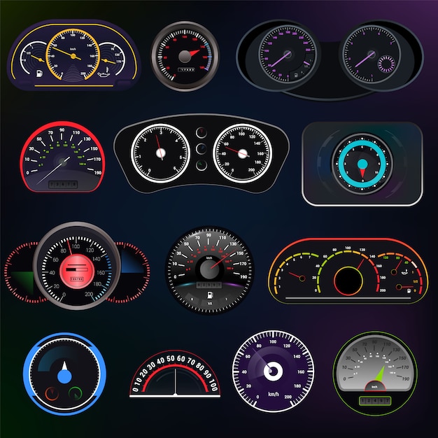 Painel de painel de velocidade do carro velocímetro vector e conjunto de design de medição de potência de aceleração da tecnologia de controle de limite de velocidade com seta Vetor Premium