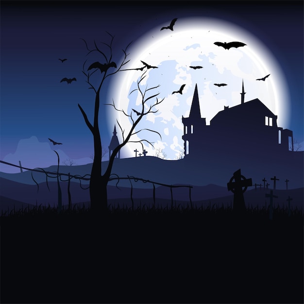 Paisagem de halloween com castelo morcegos lua e cemitério vetor Vetor Premium