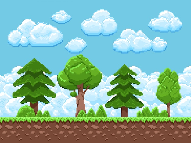 Paisagem de jogo de pixel com árvores, céu e nuvens para jogo de arcade vintage de 8 bits Vetor Premium