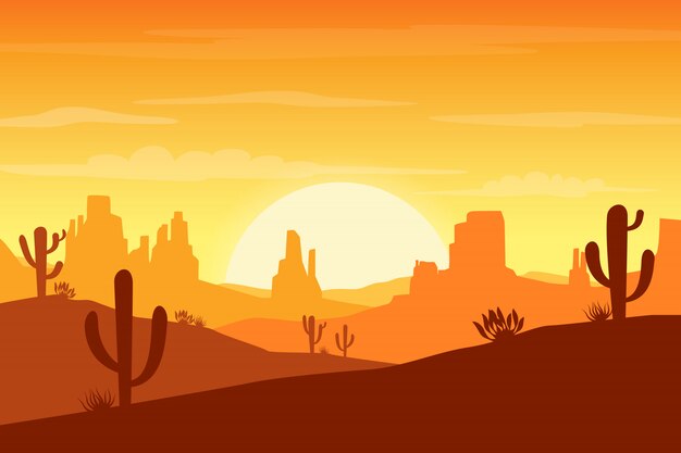 Paisagem do deserto ao pôr do sol com cactos e colinas Vetor Premium
