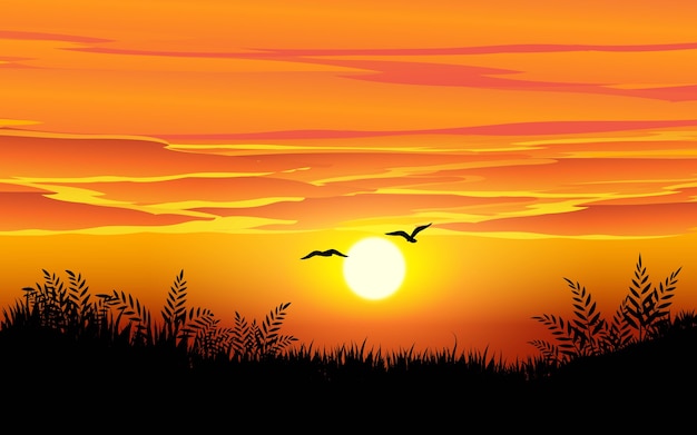 Paisagem do horizonte do pôr do sol com pássaros | Vetor Premium