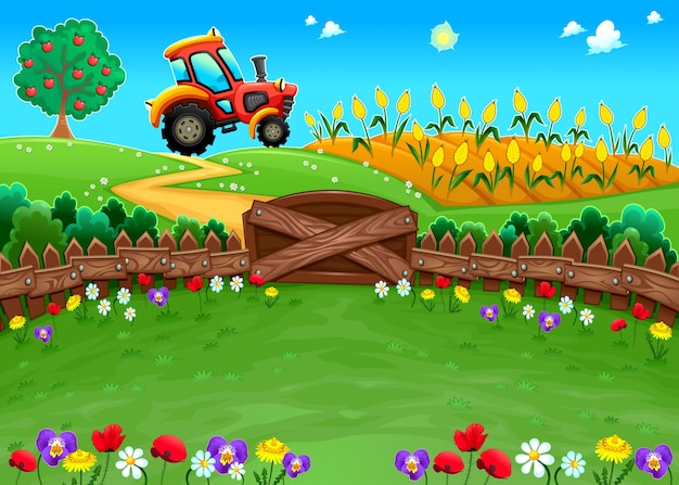 Paisagem engraçada com trator e campo de milho dos desenhos animados vector ilustração Vetor grátis