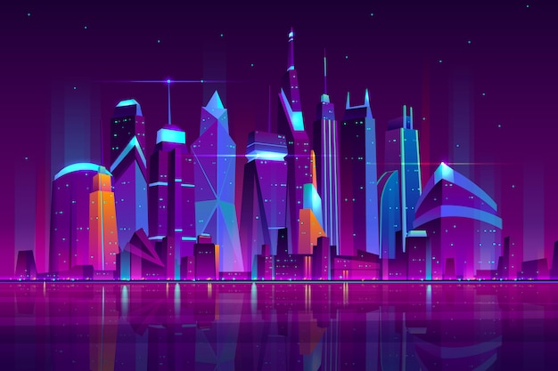 Paisagem moderna da noite do vetor dos desenhos animados da cidade. fundo urbano da arquitectura da cidade com construções dos arranha-céus na costa de mar iluminada com ilustração da luz de néon. distrito empresarial central de metropolis Vetor grátis