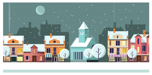 Paisagem urbana de noite de inverno com casas e ilustração de lua Vetor grátis