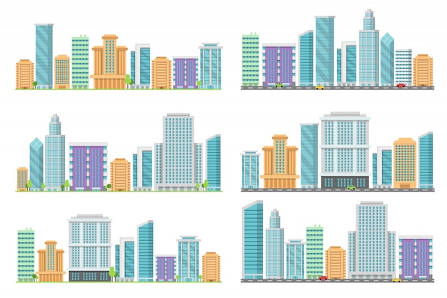 Paisagens urbanas sem costura horizontais com vários edifícios Vetor Premium