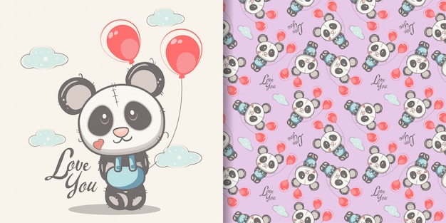 Panda bonito desenhado de mão com conjunto padrão sem emenda Vetor Premium