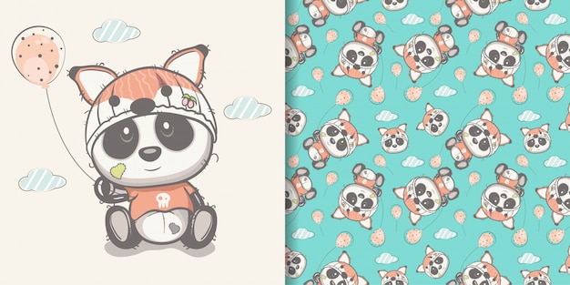 Panda bonito desenhado de mão com conjunto padrão sem emenda Vetor Premium