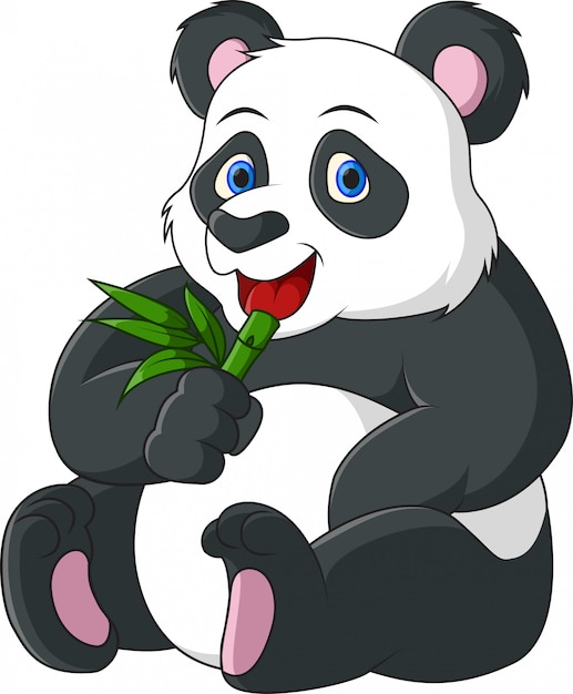 Panda bonito dos desenhos animados, comendo bambu | Vetor Premium