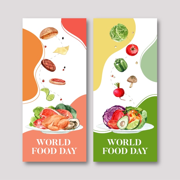 Panfleto de dia mundial da comida com tomate, frango, pimentão, ilustração em aquarela de beterraba. Vetor grátis