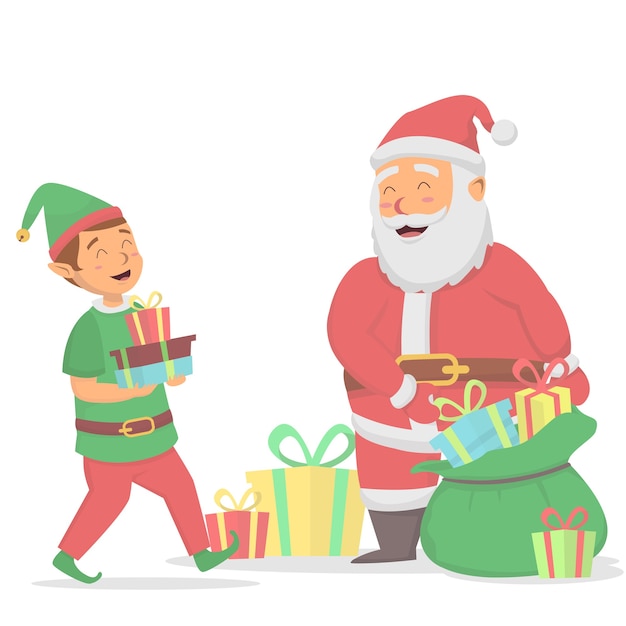 Papai Noel E Duendes Fofos Preparando Ilustra O Para Presente De Natal Vetor Premium