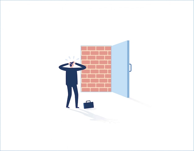 Parede de tijolo que obstrui a entrada do escritório, homem de negócios que está desânimo. adversidade, obstáculo preso, sem saída. Vetor Premium