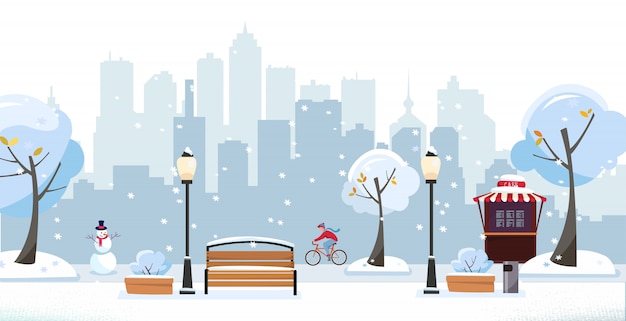 Parque de neve de inverno. parque público na cidade com o café da rua contra a silhueta dos prédios. paisagem com ciclista, árvores florescendo, lanternas, bancos de madeira. ilustração em vetor plana dos desenhos animados Vetor Premium