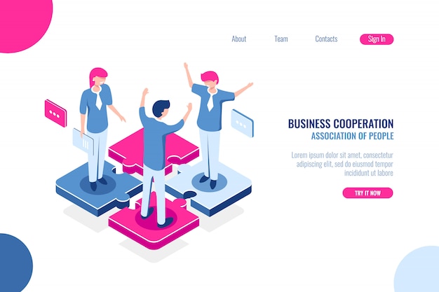 Parte da equipe, conceito de quebra-cabeça de negócios, tomada de decisão conjunta, marketing de trabalho em equipe Vetor grátis