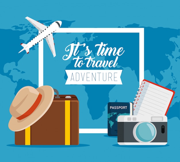 Passaporte de viagem com câmera e bagagem para férias Vetor grátis