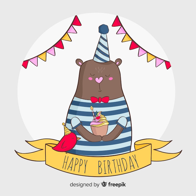 Pássaro desenhado de mão com fundo de aniversário de bolinho Vetor grátis