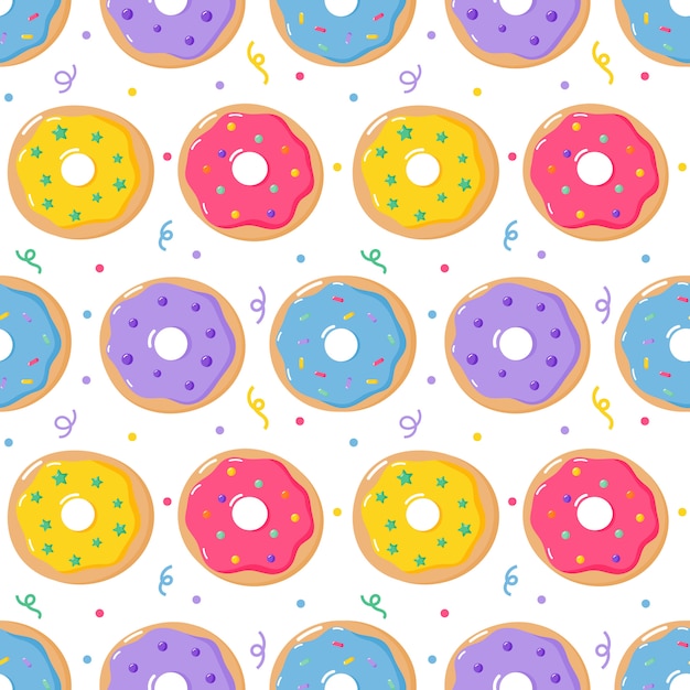 Pastel donuts doce verão sobremesas sem costura padrão com diferentes tipos de café ou restaurante Vetor Premium