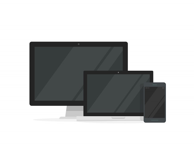 Pc desktop com computador portátil e smartphone para design responsivo Vetor Premium