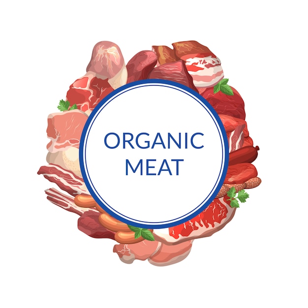 Pedaços de carne dos desenhos animados sob o círculo com lugar para ilustração de texto. quadro de carne isolado Vetor Premium