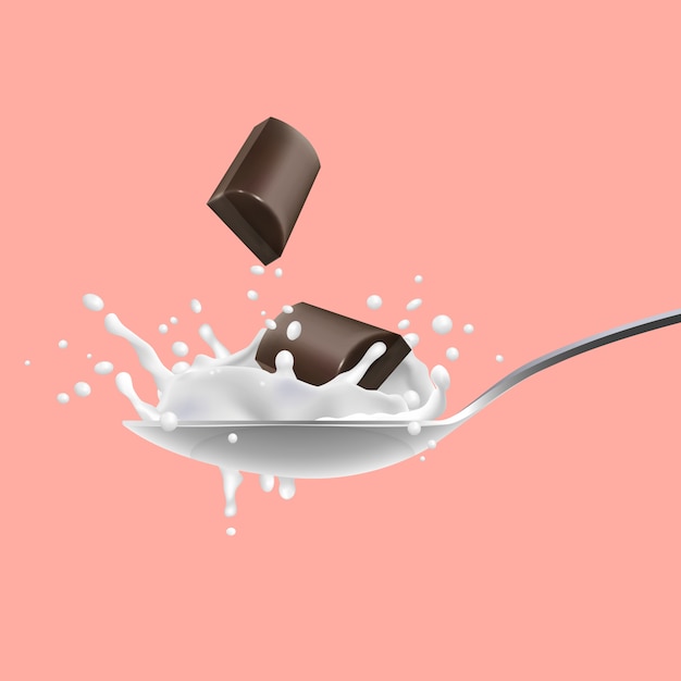 Pedaços de chocolate e com leite espirrando na colher Vetor Premium