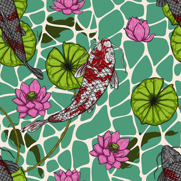 Peixe koi com padrão de lótus sem costura à mão de desenho Vetor Premium