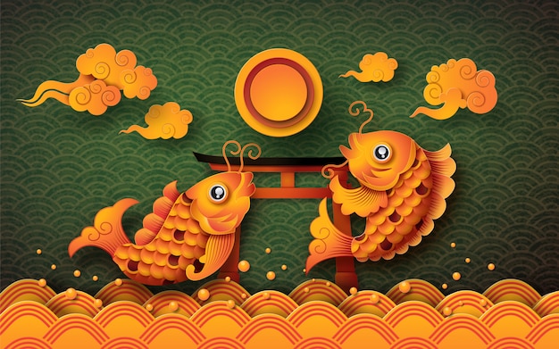 Peixe koi dourado com fullmoon: festival do meio outono (chuseok) Vetor Premium