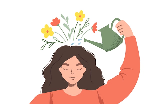 Pensar positivamente como uma mentalidade. mulher regando plantas que simbolizam pensamentos felizes. ilustração plana Vetor Premium