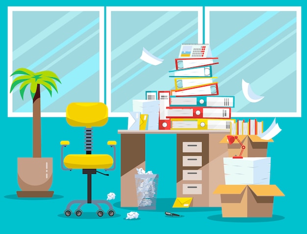 Período de apresentação de relatórios de contadores e financeiros. pilha de documentos em papel e pastas de arquivos em caixas de papelão na mesa do escritório. janelas de ilustração vetorial plana, cadeira e cesto de lixo Vetor Premium
