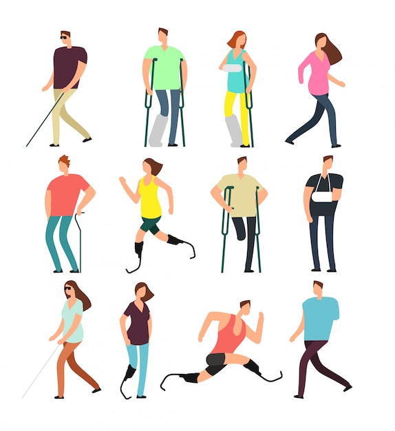 Personagens de banda desenhada do vetor das pessoas deficientes ajustadas. pessoas com deficiência isoladas Vetor Premium