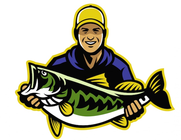 Pescador e captura grande de luta de largemouth bass Vetor Premium