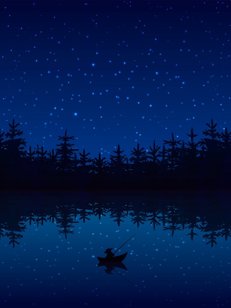 Pescar à noite perto de uma floresta com ilustração em vetor plana barco e vara Vetor grátis
