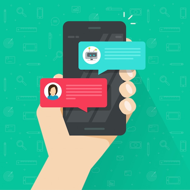 Pessoa, conversando, com, chatbot, em, telefone móvel, ou, smartphone, vetorial, em, apartamento, caricatura Vetor Premium