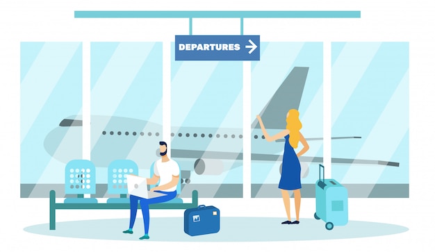 Pessoas com bagagem esperando decolagem no aeroporto. Vetor Premium