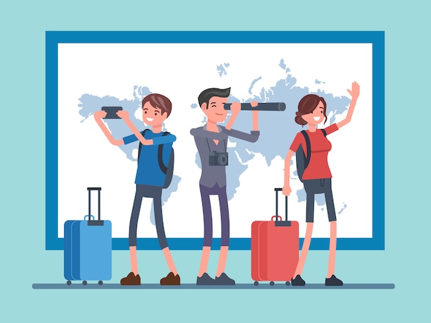 Pessoas de vetor viajando com fundo de mapas Vetor Premium