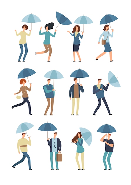 Pessoas dos desenhos animados com guarda-chuva em dia chuvoso. Vetor Premium