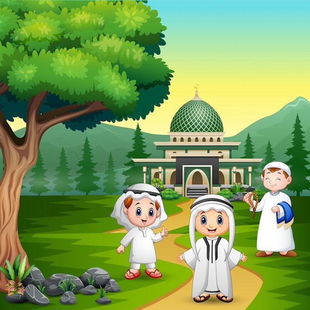 Pessoas dos desenhos animados muçulmanos na estrada para a mesquita Vetor Premium