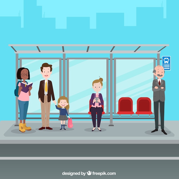 Pessoas esperando o ônibus com design plano Vetor grátis