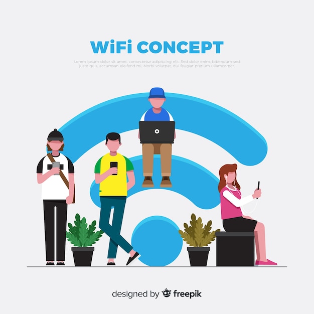 Pessoas planas com fundo de sinal de wifi Vetor grátis